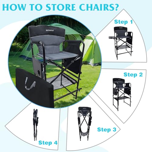 Tall Folding Director Chair 30.7" Seat Height Foldable Bar Stool for Makeup Artist Face Painting with Side Table Carry Bag and Cosmetic Bag Supports 350LBS - color: Grey-padded