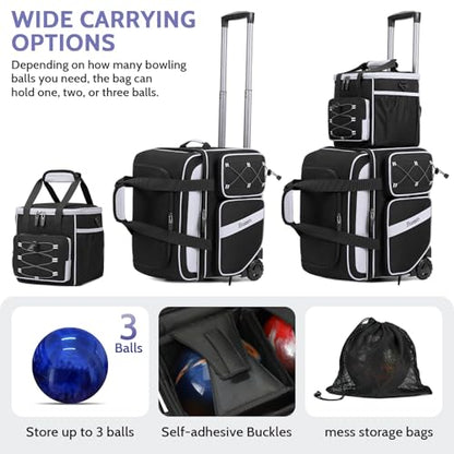 BOSSTIN 3 Ball Bowling Bag with Wheels, 2 Ball Bowling Bags Double roller with 1 Ball Add On Bag, Multi-Pockets & Shoe Compartment (Fits Up to Size 15) - color: Black