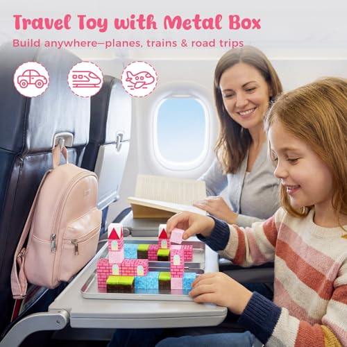 3 otters 32PCS Magnetic Building Blocks Princess Castle Travel Set, STEM Magnet Cubes Toys with Metal Storage Box for Kids, Birthday Gifts for Toddler Girls - style: Fantasy Castle