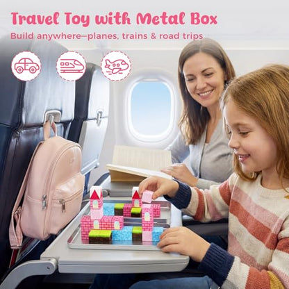 3 otters 32PCS Magnetic Building Blocks Princess Castle Travel Set, STEM Magnet Cubes Toys with Metal Storage Box for Kids, Birthday Gifts for Toddler Girls - style: Fantasy Castle