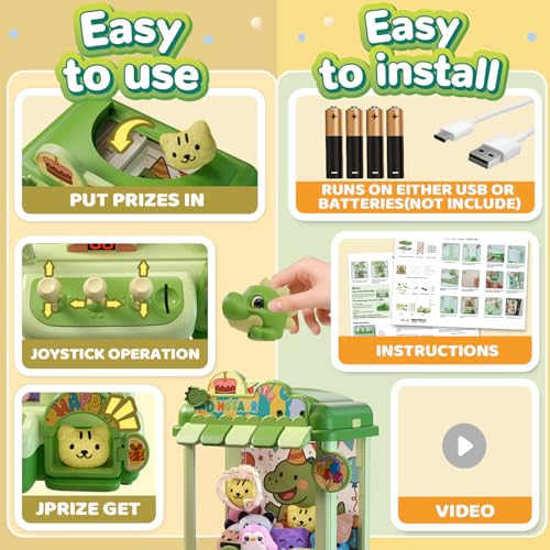 Dinosaur Claw Machine for Kids, Dino Arcade Prize Grabber with 20 Mini Plush Toys and 20 Capsules, 3-Lever Controls, Lights and Music, Gift for Ages 3 and Up - style: Dinosaur