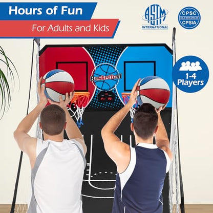 GYMAX Arcade Basketball Game Indoor Foldable with 8 Game Modes, Arcade Sound, 4 Balls and Inflation Pump, Electronic Basketball Games for Home - color: Red+blue