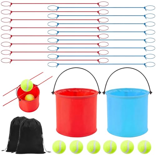 Soulchen 26 Pcs Team Building Game with Buckets and Balls Set Family Fun Group Games Challenge Outdoor Team Building Activities for Game Sports Day Activity Family Night or Party (Blue,Red) - color: Blue, Red