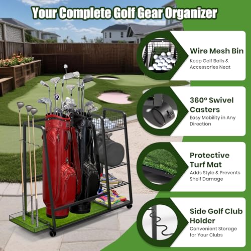 TooCust Golf Bag Storage Rack for Garage – Heavy Duty Golf Organizer Fits 2 Bags with Locking Wheels, Freestanding Golf Club Rack with Shelves & Turf Mat Base for Equipment, Shoes, Accessories