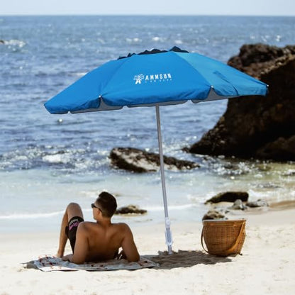 AMMSUN 6.5ft Twice Folded Portable beach umbrella with Sand Anchor Windproof Tilt Pole Air vent UPF 50+ Protection Fits in a large Suitcase Compact For Travel Patio Garden Pool Backyard Sky Blue - color: 6.5ft Light Blue