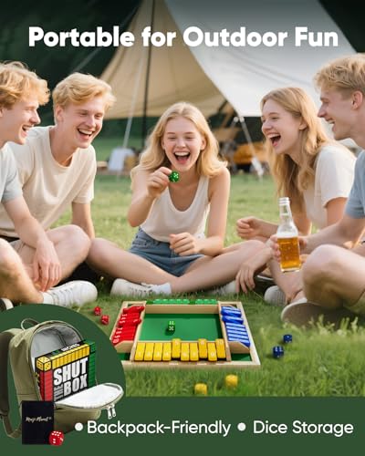 Classic Original Shut The Box Game, Math Dice Board Game for Family Night Classroom Travel, Wooden Table for Group Kid Adult Senior, Camp Party Bar, Easy Quick and Fun, 2-4 Players - size: 8.7in