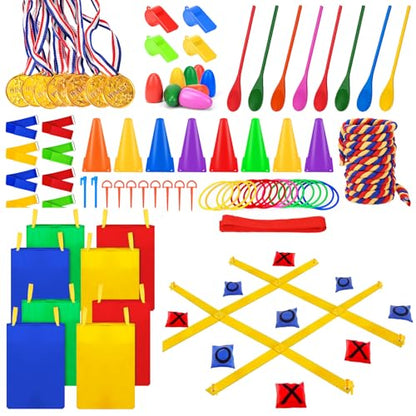 91Pcs Carnival Outdoor Games Potato Sack Race Bags for Adult Tug of War Rope Egg Spoon Bean Bags Ring Toss 3 Legged Relay Race Giant Tic Tac Toe Game Outdoor for Field Day Game Birthday Party