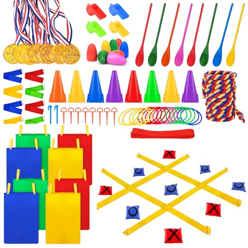 91Pcs Carnival Outdoor Games Potato Sack Race Bags for Adult Tug of War Rope Egg Spoon Bean Bags Ring Toss 3 Legged Relay Race Giant Tic Tac Toe Game Outdoor for Field Day Game Birthday Party