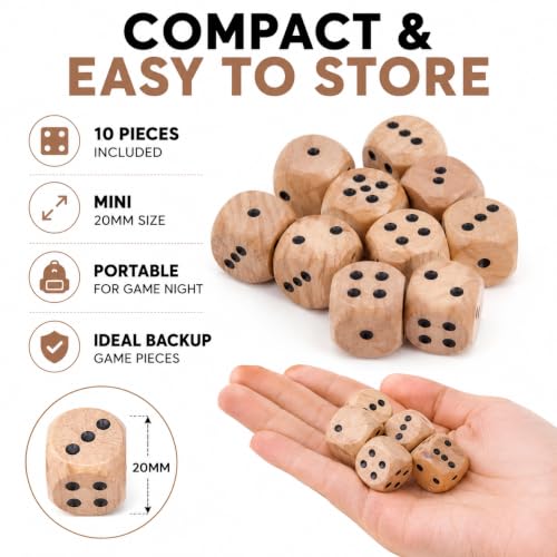 10Pcs Wooden D6 Dice Set, 20mm Round Corner, 6 Sided Gaming Dice for Adults Standard Game Dice
