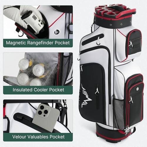 uniHimal Golf Cart Bag with 14-Way Full-Length Dividers, Golf Bag for Men Women with Magnetic Leather Pocket, Handles and Rain Cover, Lightweight Golf Club Bag Includes Cooler Pockets - color: White