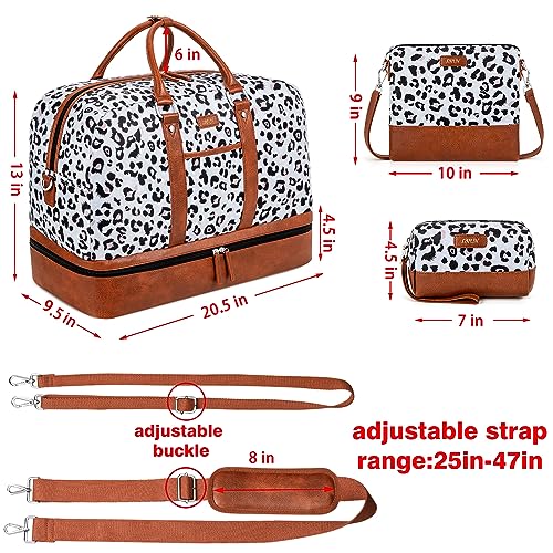Weekender Bag for Women, Large Overnight Bag Canvas Travel Duffel Bag Carry On Tote with Shoe Compartment 21" 3Pcs Set - color: A17-brown+gray leopard