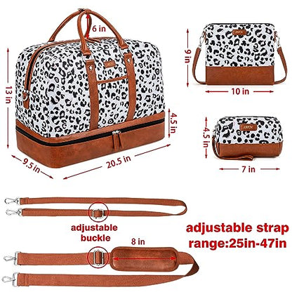 Weekender Bag for Women, Large Overnight Bag Canvas Travel Duffel Bag Carry On Tote with Shoe Compartment 21" 3Pcs Set - color: A17-brown+gray leopard