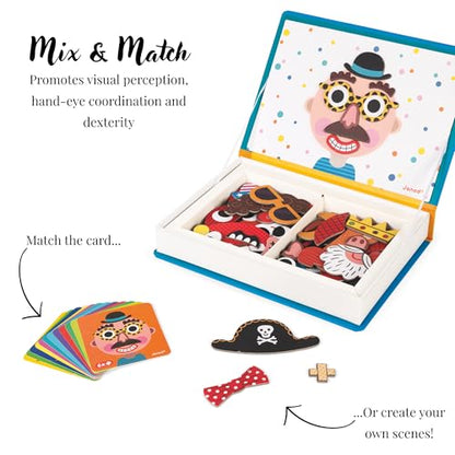 Janod - Magnetibook 83 Pc Magnetic Boy Crazy Face Dress Up Game - Decorating Fridge with Magnetic Letters - Enhances Creativity and Learning - Boosts Self-Confidence - Portable and Easy Storage - style: Boy Crazy Faces Dress Up