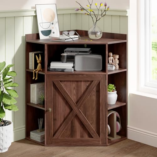Vabches Corner Cabinet, Corner Storage Shelf with USB Ports and Outlets Industrial Organizer for Small Space Wooden 6-Cubby Bookshelf for Study, Playroom, Living Room (Walnut) - color: Walnut