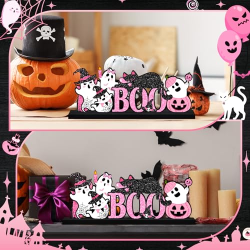 Halloween Decorations for Home Pink Ghosts Metal Sign, Cute Ghosts Black Cat Table Decor Rustic Farmhouse Halloween Tiered Tray Decor Metal Word Sign Tabletop Centerpiece for Home Mantel Shelf Desk - style: Pink Ghosts