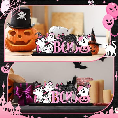 Halloween Decorations for Home Pink Ghosts Metal Sign, Cute Ghosts Black Cat Table Decor Rustic Farmhouse Halloween Tiered Tray Decor Metal Word Sign Tabletop Centerpiece for Home Mantel Shelf Desk - style: Pink Ghosts