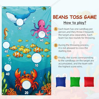 Ocean Toss Game Birthday Party Supplies Bean Bag Toss Game for Adults, Washable Heavy Duty Outdoor Indoor Throwing Theme Party Game Banner with 3 Bean Bags and 19.6ft String