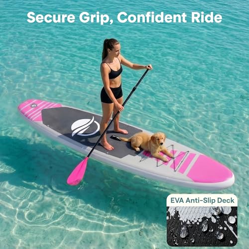 SereneLife 10’6” Inflatable Stand Up Paddle Board with Premium SUP Accessories - 32” Wide Stable Design with Non-Slip EVA Deck Pad, for Youth and Adults, 350 lbs. Capacity - color: Pink