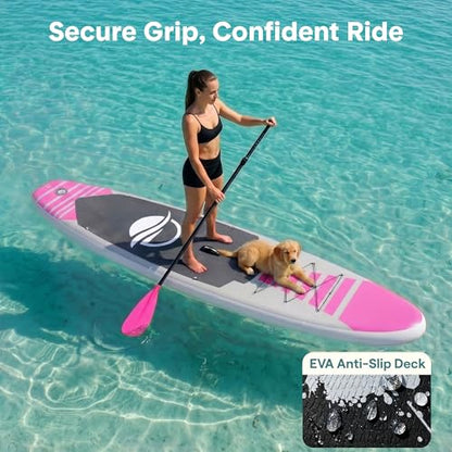 SereneLife 10’6” Inflatable Stand Up Paddle Board with Premium SUP Accessories - 32” Wide Stable Design with Non-Slip EVA Deck Pad, for Youth and Adults, 350 lbs. Capacity - color: Pink