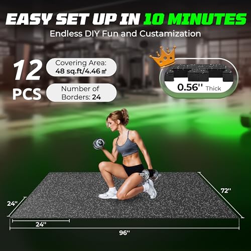 PRAISUN 0.56" Rubber Top Gym Flooring, Heavy Duty Interlocking Gym Mats for Home Gym, Non-Slip Workout Mat, 24 x 24in Large Gym Floor Mat, Protect Floors from Weights & Equipment, 48 Sq Ft, Black/Grey - size: 12 Tiles (48 Sq Ft)