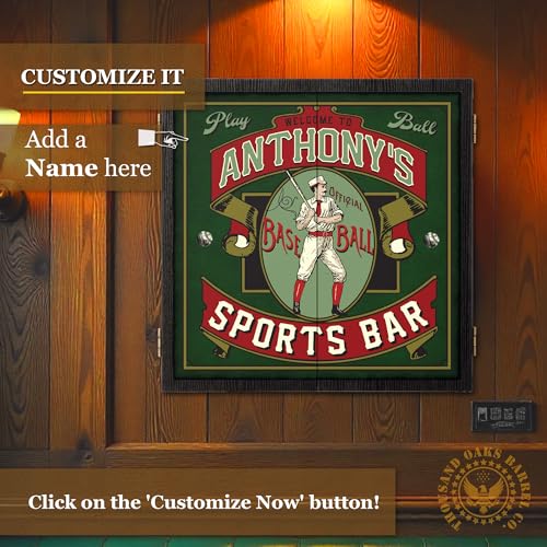 Personalized Dart Board Cabinet Set with 6 Steel Tip Darts, Paper Dartboard, Chalk & Eraser (21.5 x 21.5 x 2.75) - Man Cave Dart Boards for Adults - style: Baseball Sports Bar
