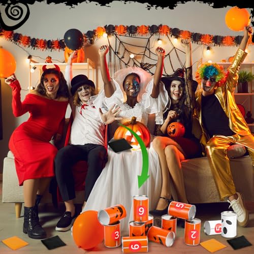 Soulchen 30 Pcs Halloween Carnival Bean Bag Toss Party Game, Knockdown Can Game Set Includes 20 Metal Cans, 8 Bean Bags and 2 Set Number Stickers for Family Gatherings, Backyard Fun & Carnival Party