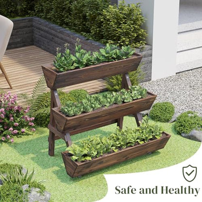 3-Tier Wooden Vertical Raised Garden Bed with Legs, Tiered Planter Box, Vertical Garden Planter,Wood Plant Stand Wood Flower Rack for Patio, Balcony, Freestanding. (Carbonized-Large) - color: Carbonized, size: Big