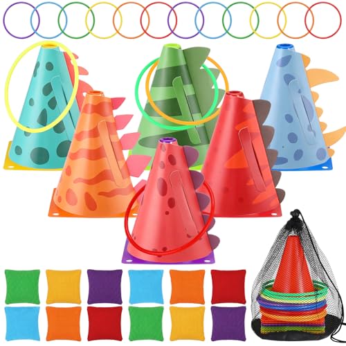RoundFunny 12set 3 in 1 Ring Toss Game Set, Carnival Game Kit with Cones, Rings, Bean Bags & Storage Bag, Includes 12 Dinosaur Card Sets for DIY Toss Games, Birthday Party, Easter, Carnival - style: Dinosaur