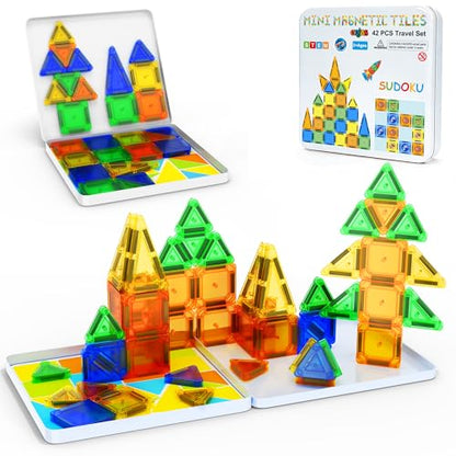 Mini Magnetic Tiles Travel Set with Case 42pcs, Bonus Sudoku Play, Mini Magnetic Blocks, Portable Travel Toy for Kids, STEM Educational Sensory Toys, Classroom Must Have - style: SUDOKU-42pcs