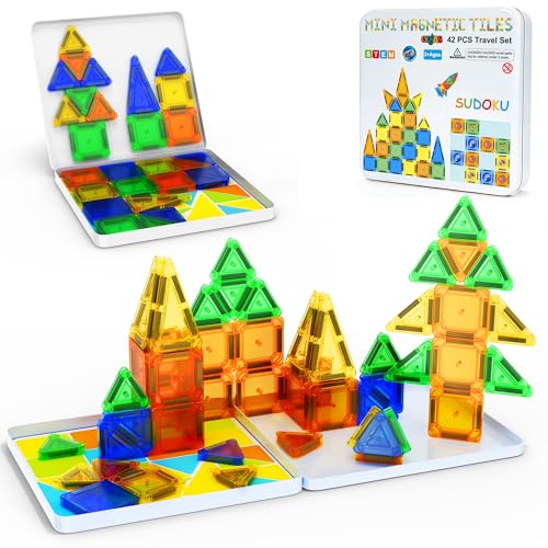 Mini Magnetic Tiles Travel Set with Case 42pcs, Bonus Sudoku Play, Mini Magnetic Blocks, Portable Travel Toy for Kids, STEM Educational Sensory Toys, Classroom Must Have - style: SUDOKU-42pcs