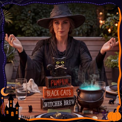 Lineshading 4 Pcs Halloween Table Decoration Black Cat Wooden Stacked Block, "Pumpkin Black Cats Witches Brew" Signs Spooky Halloween Tiered Tray Decor Rustic Gothic Centerpiece for Home Coffee Bar - style: Black Cat