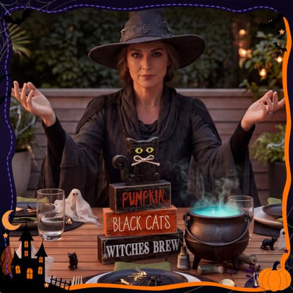 Lineshading 4 Pcs Halloween Table Decoration Black Cat Wooden Stacked Block, "Pumpkin Black Cats Witches Brew" Signs Spooky Halloween Tiered Tray Decor Rustic Gothic Centerpiece for Home Coffee Bar - style: Black Cat
