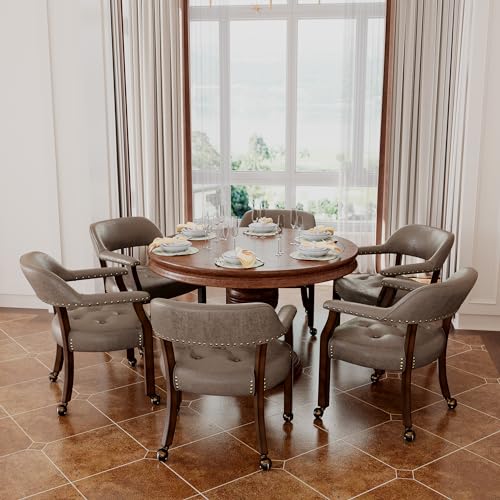 Set of 4 Dining Chair with Casters, Accent Captains Chairs with Wheels & Arms,Wheeled Roller Wood Chairs for Kitchen & Game Poker Table,Espresso&Dark Brown 318DK(NO Table!) - color: Espresso&dark Brown