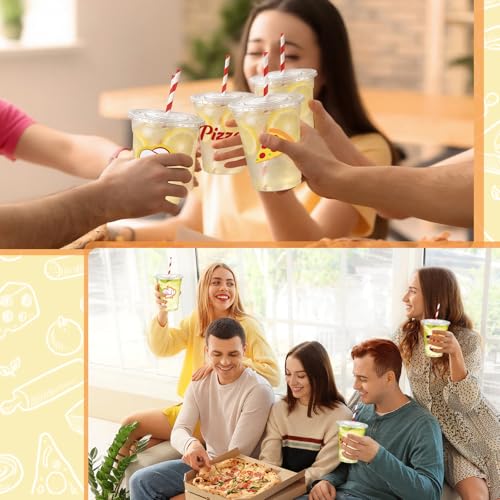 Newtay 60 Pcs 12oz Pizza Party Disposable Cups Bulk Pizza-themed Plastic Cups with Lids Straws Italian Party Favors for Birthday Baby Shower Decorations - style: Pizza