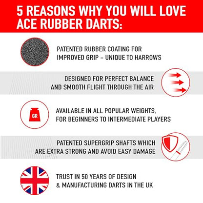 Harrows Ace Rubber Brass Steel Tip Darts Set Available in 20g, 22g, 24g & 26g - Includes Supergrip Shafts, Micron Marathon Flights & Convenient Travel Case - size: 22 g