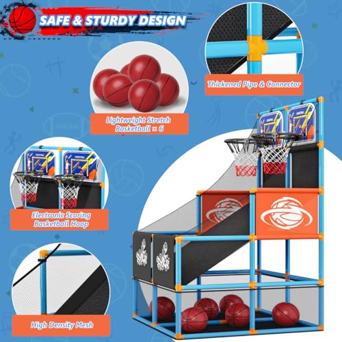 Dual Shot Arcade Basketball Game Set Boy Toys:Kids Basketball Hoop with 6 Balls Electronic Scoreboard LED Light Indoor Outdoor Sports Toy Activities for Boys Girls Birthday Gifts Aged 3-5 6-8 8-12 - style: Blue Double Scoring Basketball Hoop