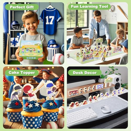 Baseball Blocks Toy Playset, Wooden Baseball Figures with Assembly Ballpark, Baseball Learning Toys, Mini Baseball Games, Baseball Player Figurines, for Kids, Toddlers & Families