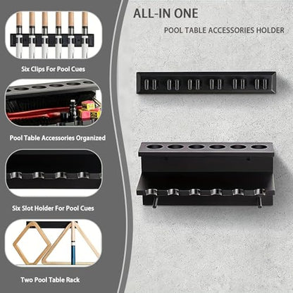SUPERDIAMOND Hardwood Pool Cue Rack Wall Mount, 6 Pool Stick Holder with Accessory Storage Shelf & Triangle Hooks, Adjustable 2-Piece Space Saving Billiard Organizer for Game Room, Man Cave,Brown - size: 6 Cues, style: SU-wa6-Cue Racks-brown2