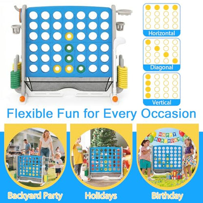 OLAKIDS Giant Connect Game Outdoor, 4 in A Row with Adjustable Height, Mesh Net, Carry Bag, Golf, Basketball Hoop, Ring Toss, Cup Holder for Kids Adults Indoor Backyard (Blue) - color: Blue