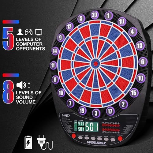 WIN.MAX Electronic Dart Board Soft Tip Dartboard Set LED Displays 3 Languages with 12 Darts 100 Tips Power Adapter - color: RED/BLUE WITH LIGHTS 2026