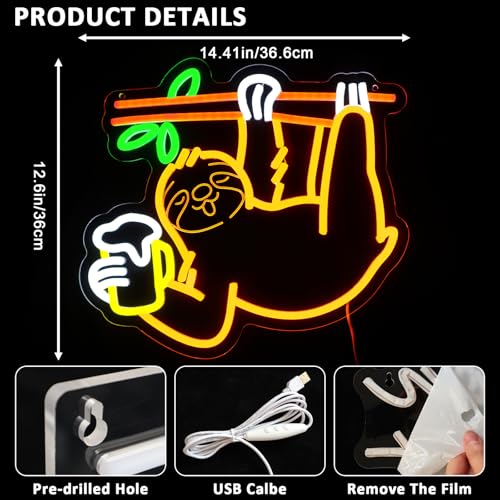Sloth Beer Neon Sign for Wall Decor, Drinking Led Signs for Bar, USB Dimmable Cute Animal Neon Lights for Bedroom Man Cave Home Pub Party Shop Restaurant Game Room Business Wall Art - style: Sloth Beer