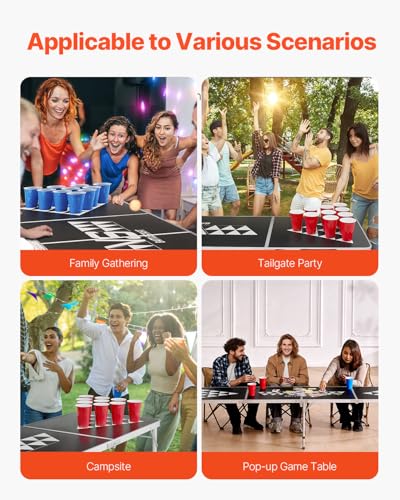 VEVOR 8 Foot Portable Beer Pong Table, Carrying Handles and 6 Pong Balls, Adjustable Height, Lightweight Table for Office, Tailgate Party, Travel and Camping, Black