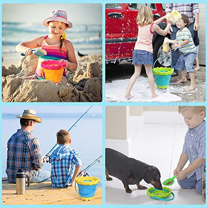 Jumbo Sand Beach Bucket Toys for Kids, Large Fodable Bucket with Mesh Bag, Silicon Travel Collasible Pail Toys For Sand Snow Fun, Sanbox Toy Garden Tools Perfect for Beach Snow Backyard Gifts 3 PACK - style: Fang