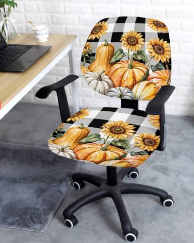 Savannan Office Chair Cover, Thanksgiving Orange Pumpkin Fall Sunflower Protective Stretch Elastic Universal Cover for Desk Task Chair,Computer Rotating Chair 1 Pcs Black White Buffalo Plaid