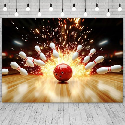 Bowling Photography Backdrop, Let's Strike Up Some Fun Bowling Birthday Party Decorations Background, Indoor Bowling Club Sport Game Fire Flames Backdrop Kids Adults Photo Studio Props 12x8ft - size: 12X8ft