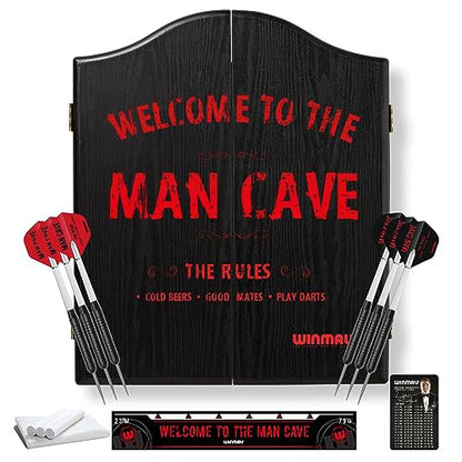 WINMAU Man Cave Complete Dartboard Cabinet Set - Pro-SFB Bristle Dartboard, 2 Sets Steel Tip Darts, Oche Strip & Scorecard, Home Games Room Darts Setup, Black