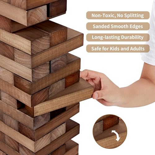 ApudArmis Giant Tumble Tower Stack to Over 5Ft, 56 PCS Pine Wooden Stacking Timber Game with 1 Dice Set - Classic Block Giant Outdoor Game (7.48 * 2.48 * 1.5In Each Block, Brown) - color: Brown, size: XL-Over 5FT