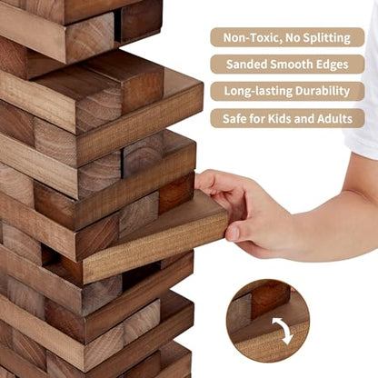 ApudArmis Giant Tumble Tower Stack to Over 5Ft, 56 PCS Pine Wooden Stacking Timber Game with 1 Dice Set - Classic Block Giant Outdoor Game (7.48 * 2.48 * 1.5In Each Block, Brown) - color: Brown, size: XL-Over 5FT