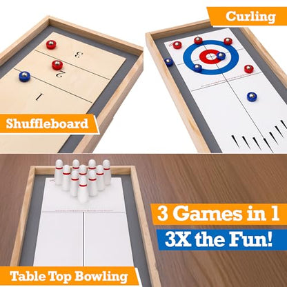 Sterling Games Tabletop Bowling Combo Set, Wooden Arcade Board with Marbles and Pins, Indoor Table Top Game for Kids and Family - style: Bowling/Shuffleboard