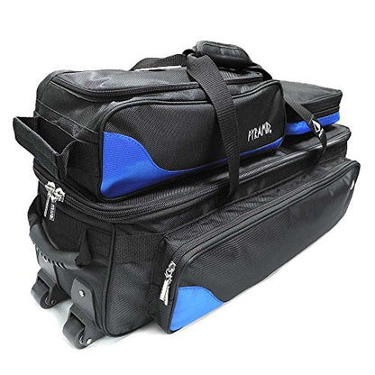 Pyramid Path Triple Tote Roller Plus Bowling Bag with Detachable Shoe Bag (Fits US Mens Size 15), Accessory and Side Pocket, Lightweight Travel Design - color: Black/Royal Blue